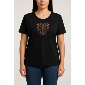 PERUVIAN CONNECTION Black Embroidered Pima Cotton T-Shirt XL Peru